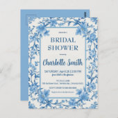 青と白のチャイナペイントのアンティーク ブライダルシャワー ポストカード (正面/裏面)