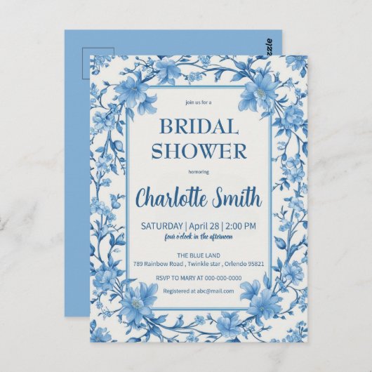 青と白のチャイナペイントのアンティーク ブライダルシャワー ポストカード (正面/裏面)