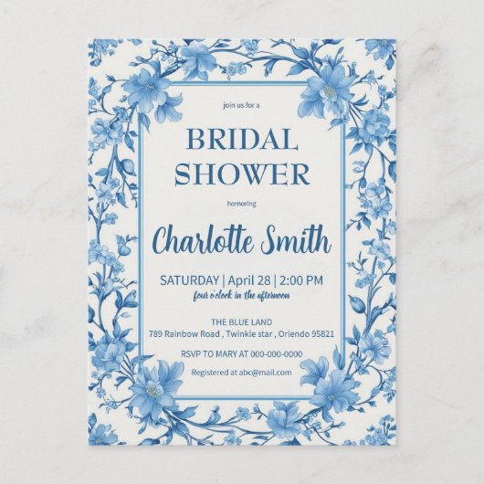 青と白のチャイナペイントのアンティーク ブライダルシャワー ポストカード (正面)