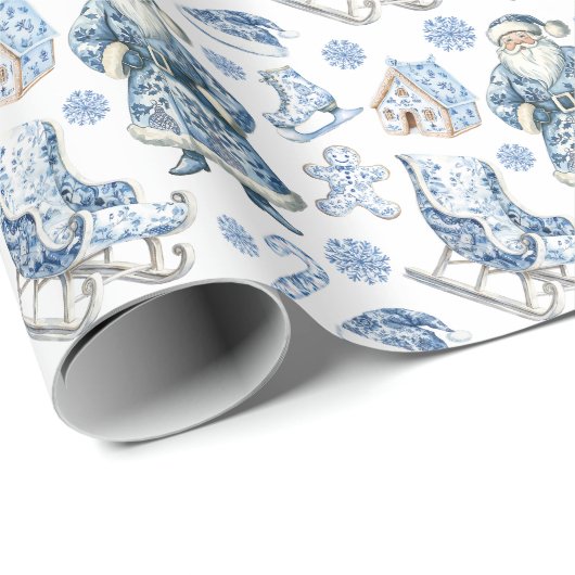 青と白のチャイノアイセリーのクリスマスサンタ ラッピングペーパー (ロールコーナー)