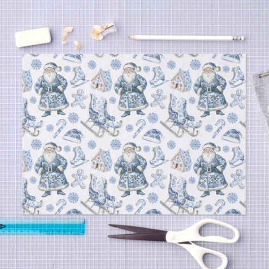 青と白のチャイノアイセリーのクリスマスサンタ 薄葉紙 (クラフト)