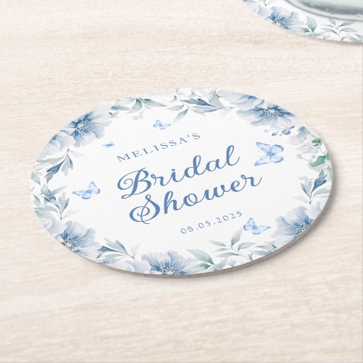 青と白のチャイノアイセリーエレガントブライダルシャワー ラウンドペーパーコースター (アングル)