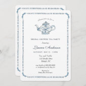 青と白のティーポットブライダルシャワー 招待状 (正面/裏面)