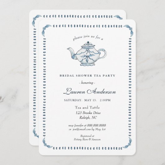 青と白のティーポットブライダルシャワー 招待状 (正面/裏面)