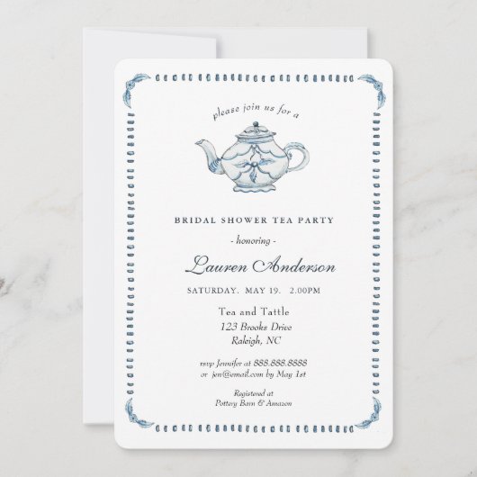 青と白のティーポットブライダルシャワー 招待状 (正面)