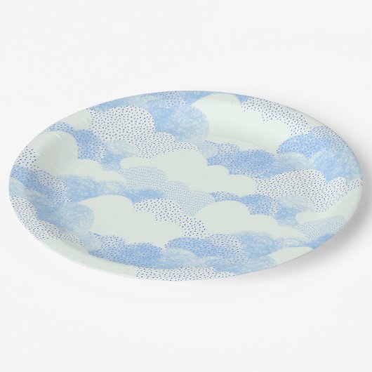 青と白のテクスチャが適用された雨雲 ペーパープレート (アングル)