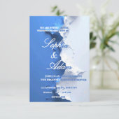 青と白のテクスチャーアートの結婚式招待状 サンキューカード (スタンド正面)