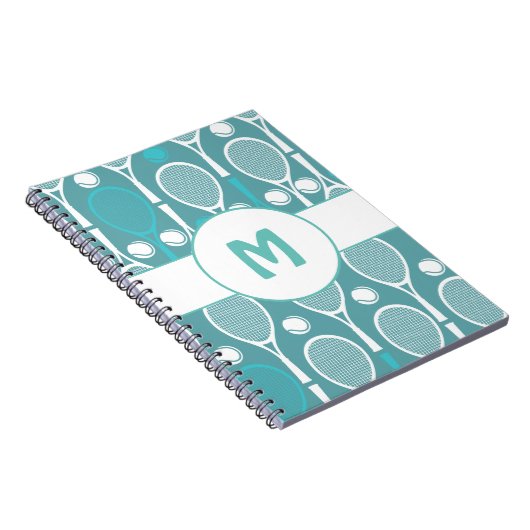 青と白のテニスラケット ボール プレイヤー名 かわいい ノートブック (右側)