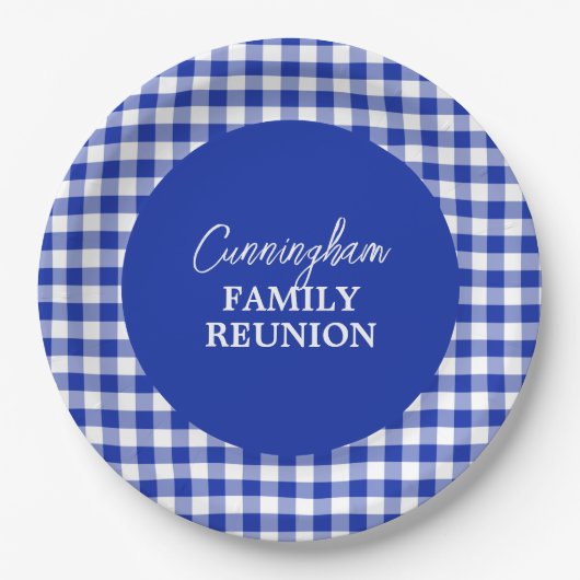 青と白のテーブルクロスのチェック紙プレート ペーパープレート (正面)