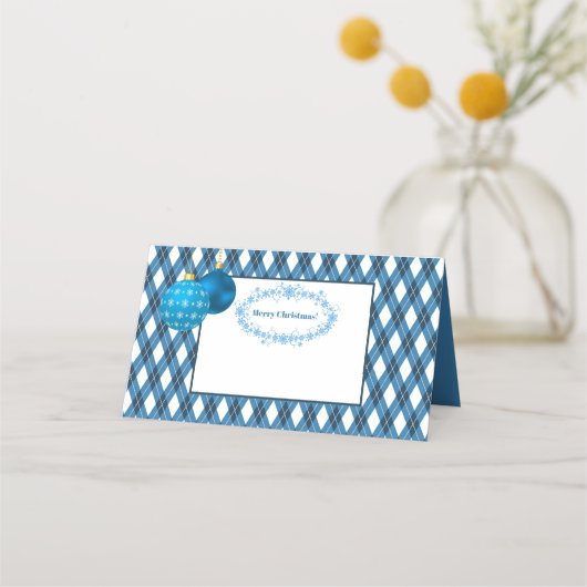 青と白のテーマメリークリスマス プレイスカード (正面)