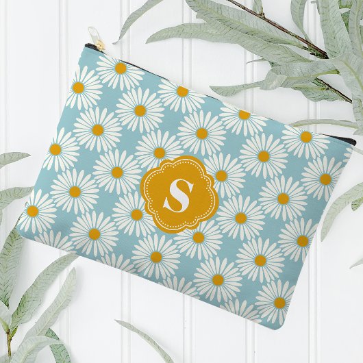 青と白のデイジーパターモノグラムのン アクセサリーポーチ