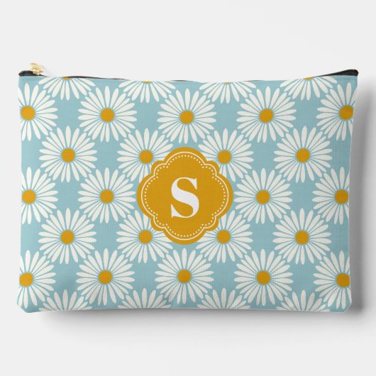 青と白のデイジーパターモノグラムのン アクセサリーポーチ (正面)
