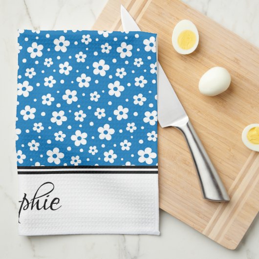 青と白のデイジー パーソナライズされた キッチンタオル (四つ折り)