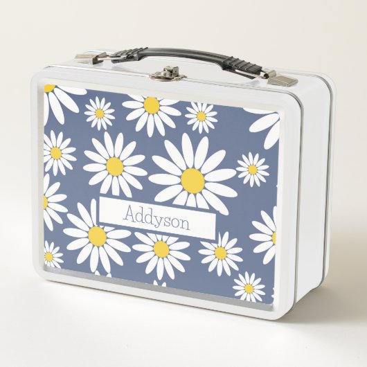 青と白のデイジー(名前) メタルランチボックス (正面)