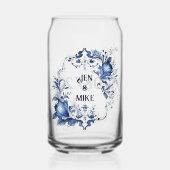 青と白のデルフトオーナメントと花 ガラス缶 (正面)