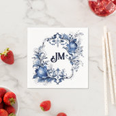 青と白のデルフトオーナメントと花 スタンダードカクテルナプキン (インサイチュ)