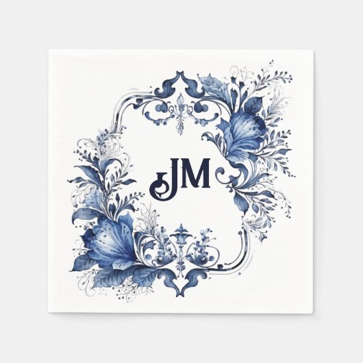 青と白のデルフトオーナメントと花 スタンダードカクテルナプキン (正面)