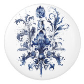 青と白のデルフトオーナメントと花 セラミックノブ (正面)