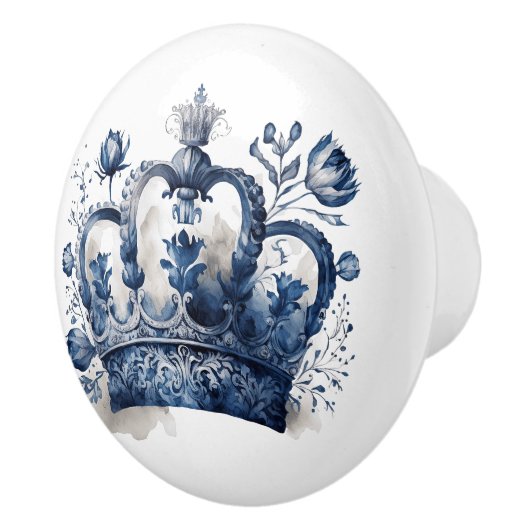 青と白のデルフトスタイルの王冠と花 セラミックノブ (右)