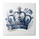 青と白のデルフトスタイルの王冠と花 タイル (正面)