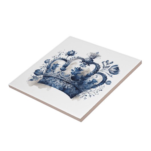 青と白のデルフトスタイルの王冠と花 タイル (側面)