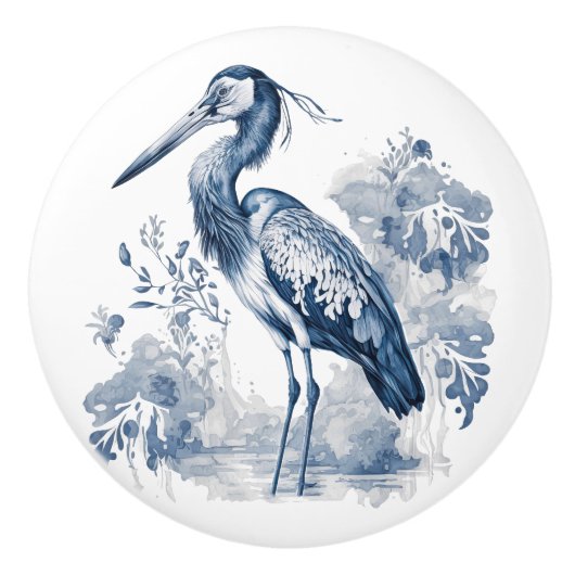 青と白のデルフトスタイルアートヘロンと花 セラミックノブ (正面)