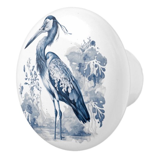 青と白のデルフトスタイルアートヘロンと花 セラミックノブ (右)