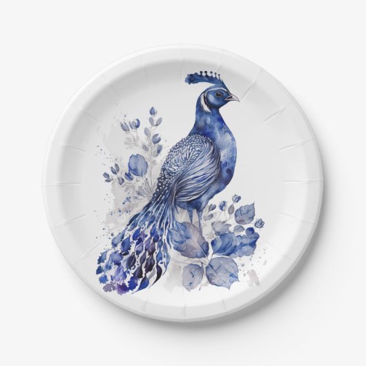 青と白のデルフトスタイルクジャク花 ペーパープレート (正面)