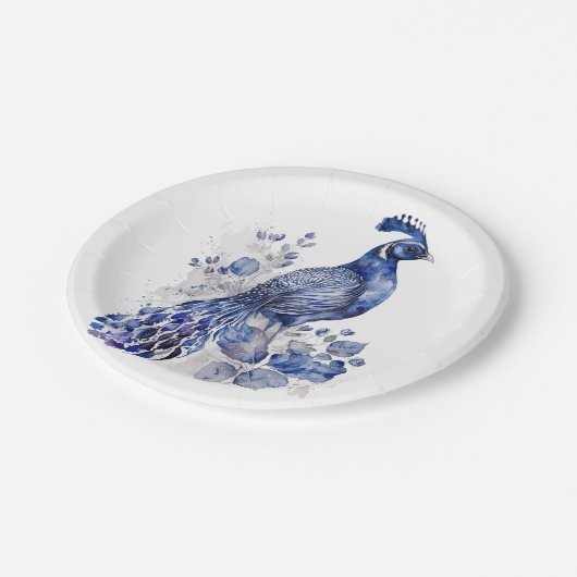 青と白のデルフトスタイルクジャク花 ペーパープレート (アングル)