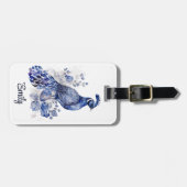 青と白のデルフトスタイルクジャク花 ラゲッジタグ (正面横)