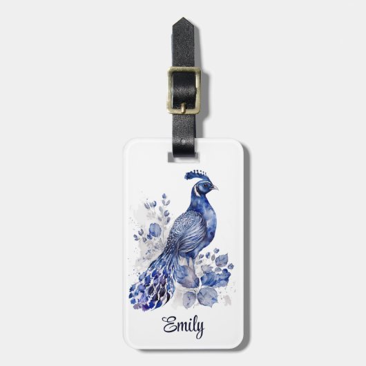 青と白のデルフトスタイルクジャク花 ラゲッジタグ (正面縦)