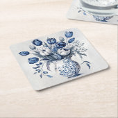青と白のデルフトスタイルチューリップブーケデザイン スクエアペーパーコースター (アングル)