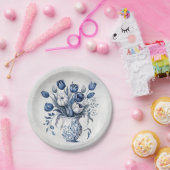 青と白のデルフトスタイルチューリップブーケデザイン ペーパープレート (パーティー)