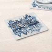 青と白のデルフトスタイルハウス伝統的ズ スクエアペーパーコースター (アングル)