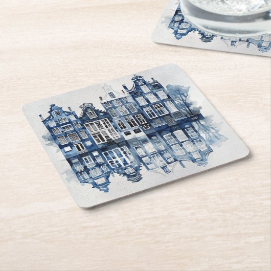 青と白のデルフトスタイルハウス伝統的ズ スクエアペーパーコースター (アングル)