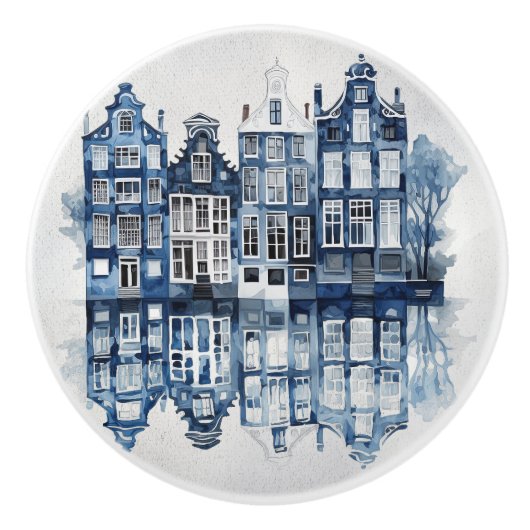 青と白のデルフトスタイルハウス伝統的ズ セラミックノブ (正面)