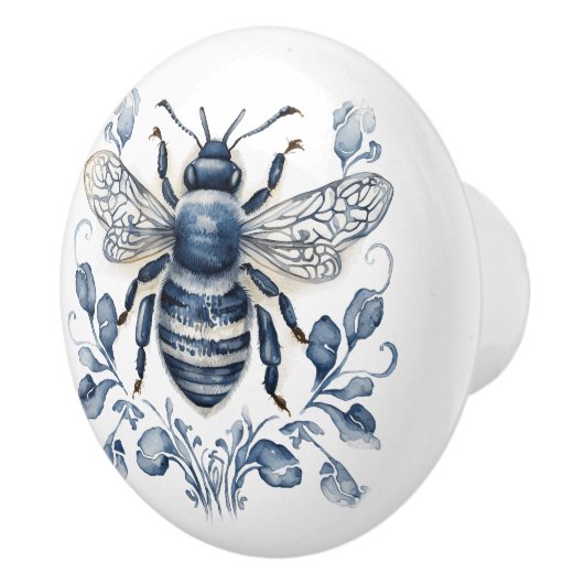 青と白のデルフトスタイルビーデザインと花 セラミックノブ (右)