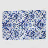 青と白のデルフトスタイルフローラオーナメントパターン ゴルフタオル (横)