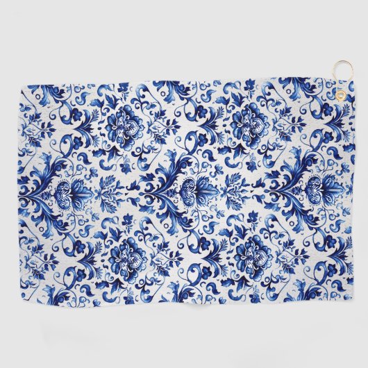 青と白のデルフトスタイルフローラオーナメントパターン ゴルフタオル (横)