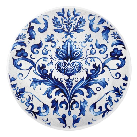 青と白のデルフトスタイルフローラオーナメントパターン セラミックノブ (正面)