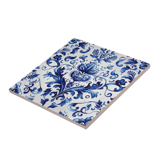 青と白のデルフトスタイルフローラオーナメントパターン タイル (側面)