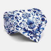 青と白のデルフトスタイルフローラオーナメントパターン ネクタイ (ロール)