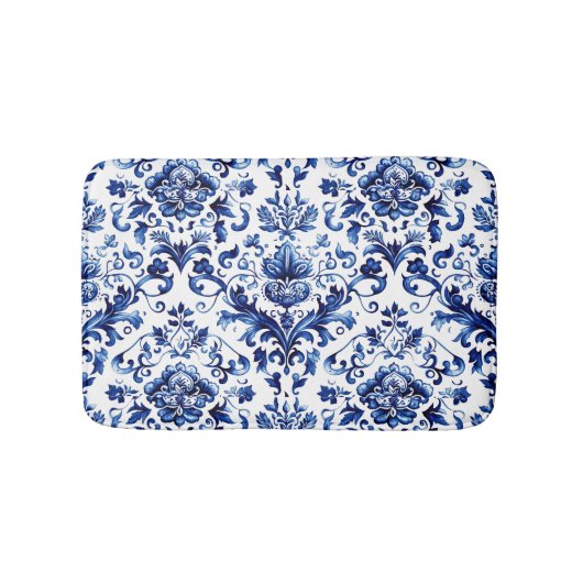 青と白のデルフトスタイルフローラオーナメントパターン バスマット (正面)