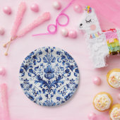 青と白のデルフトスタイルフローラオーナメントパターン ペーパープレート (パーティー)