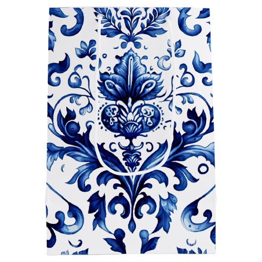 青と白のデルフトスタイルフローラオーナメントパターン ミディアムペーパーバッグ (裏面)