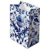 青と白のデルフトスタイルフローラオーナメントパターン ミディアムペーパーバッグ (裏面アングル)