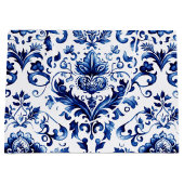 青と白のデルフトスタイルフローラオーナメントパターン ラージペーパーバッグ (正面)