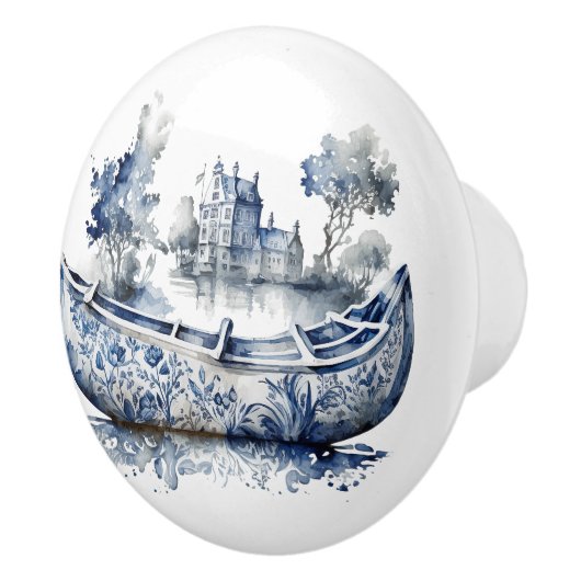 青と白のデルフトスタイルボートと村のシーン セラミックノブ (右)