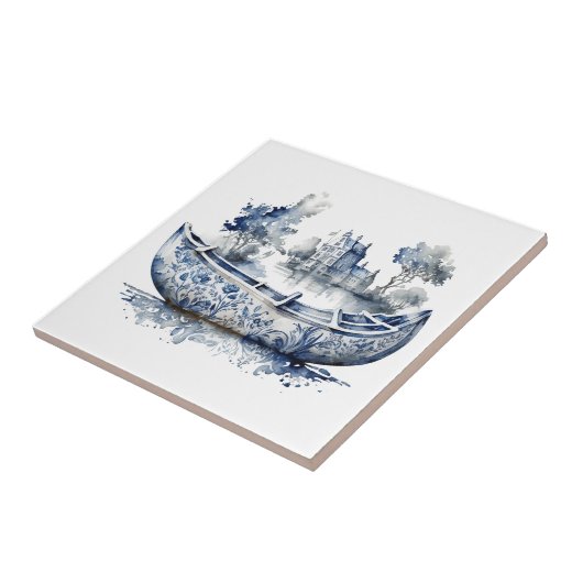 青と白のデルフトスタイルボートと村のシーン タイル (側面)