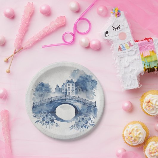 青と白のデルフトスタイル風景 ペーパープレート (パーティー)